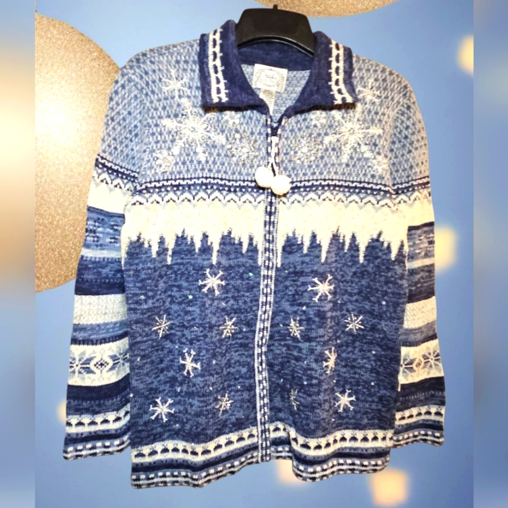Snowflake Embellished Sequins Sweater Zip Cardigan Blue White Fairisle Winter